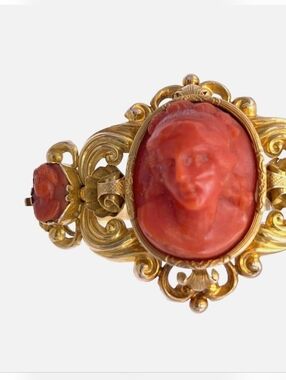 Gold-Tone Filigree Cuff Bracelet with Red Cameo Accent